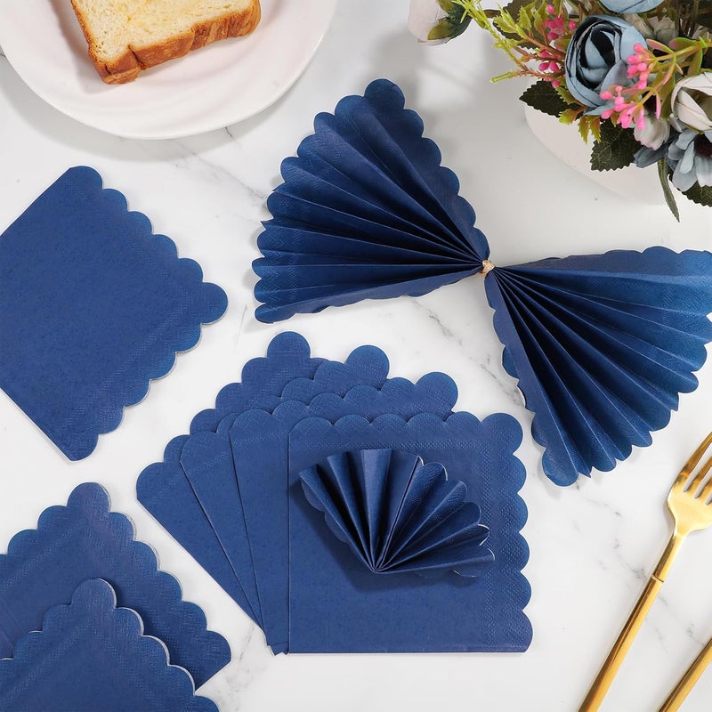 NatNarr 120 Pcs Navy Blue Napkins, Scalloped Blue Cocktail Napkins Disposable Beverage Dessert Napkin Patriotic Napkin for Bar Birthday Baby Shower, 5 x 5 Inch - Image 4